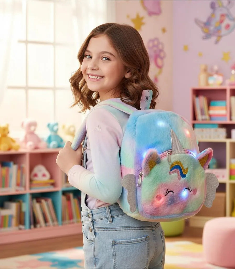 حقيبة ظهر صغيرة لطيفة من الفرو مزودة بمصباح LED