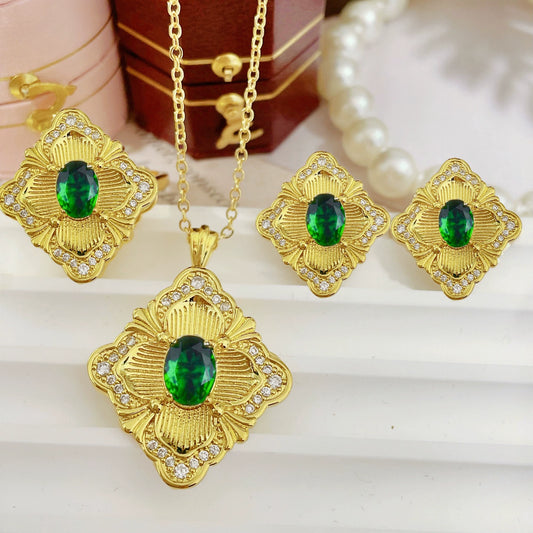 طقم مجوهرات فاخر مرصع بالأحجار الكريمة ، يعبر عن الذوق الرفيع والأناقة للمرأة