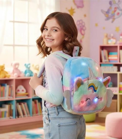 حقيبة ظهر صغيرة لطيفة من الفرو مزودة بمصباح LED