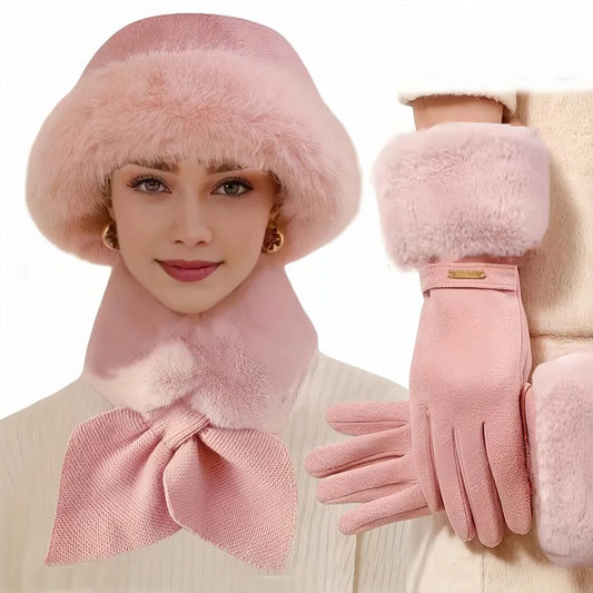 طقم نسائي أنيق من قبعة ووشاح وقفازات